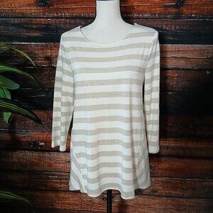 Chico's Top Size 0 Small Cream Metallic Gold Shimmer Stripe Easy Tee 3/4 Sleeve